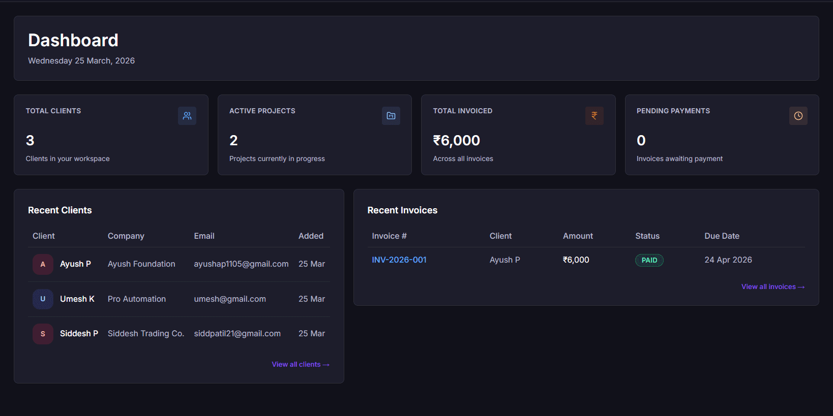 Clean dashboard interface showing client contact list