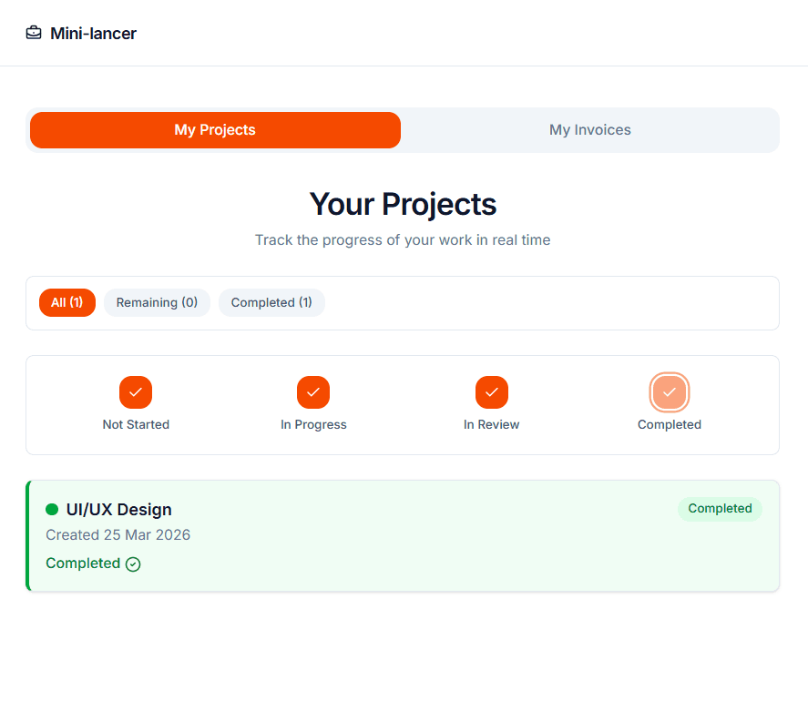Screenshot of a clean client portal dashboard with project progress and invoices